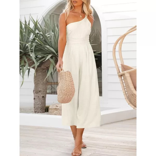 imageANRABESS Womens Summer Straps One Shoulder High Waist Casual Wide Leg Linen Jumpsuit Romper with PocketsWhite