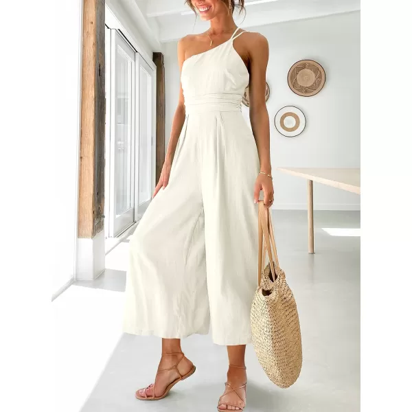 imageANRABESS Womens Summer Straps One Shoulder High Waist Casual Wide Leg Linen Jumpsuit Romper with PocketsWhite