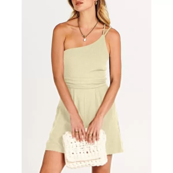 imageANRABESS Womens Summer Straps One Shoulder Pleated High Waist Casual Short Romper Jumpsuit with PocketsApricot