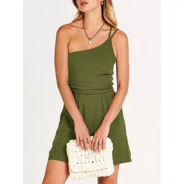 imageANRABESS Womens Summer Straps One Shoulder Pleated High Waist Casual Short Romper Jumpsuit with PocketsArmy Green
