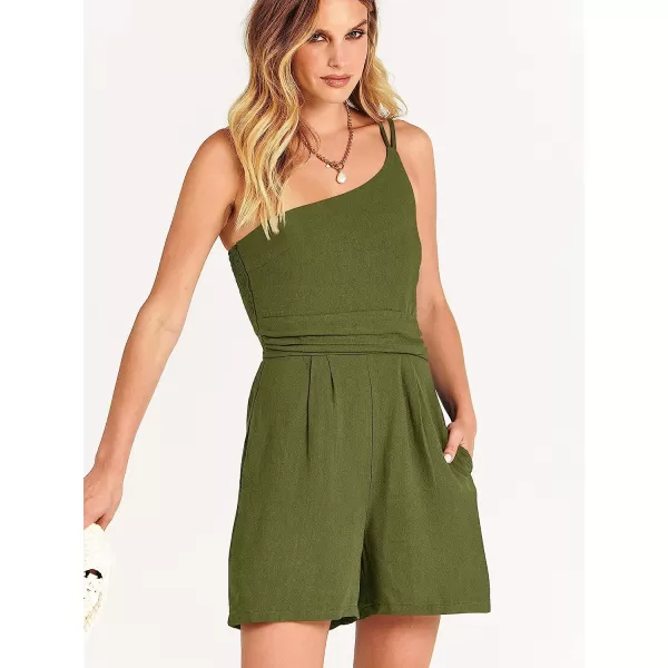 imageANRABESS Womens Summer Straps One Shoulder Pleated High Waist Casual Short Romper Jumpsuit with PocketsArmy Green