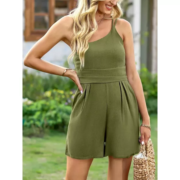 imageANRABESS Womens Summer Straps One Shoulder Pleated High Waist Casual Short Romper Jumpsuit with PocketsArmy Green