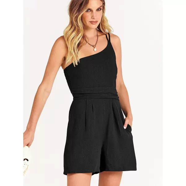 imageANRABESS Womens Summer Straps One Shoulder Pleated High Waist Casual Short Romper Jumpsuit with PocketsBlack