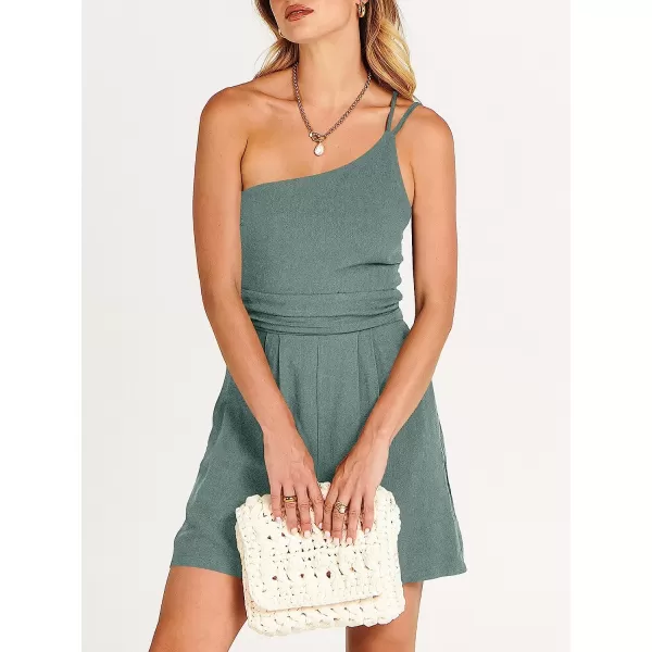 imageANRABESS Womens Summer Straps One Shoulder Pleated High Waist Casual Short Romper Jumpsuit with PocketsBlue Gray