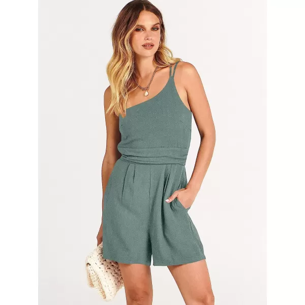 imageANRABESS Womens Summer Straps One Shoulder Pleated High Waist Casual Short Romper Jumpsuit with PocketsBlue Gray