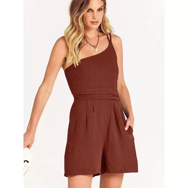 imageANRABESS Womens Summer Straps One Shoulder Pleated High Waist Casual Short Romper Jumpsuit with PocketsBrown
