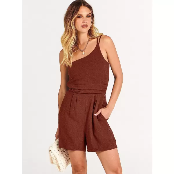imageANRABESS Womens Summer Straps One Shoulder Pleated High Waist Casual Short Romper Jumpsuit with PocketsBrown
