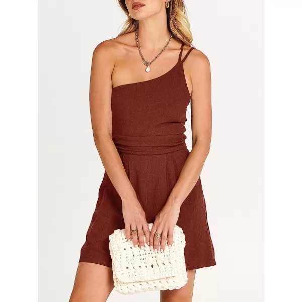 imageANRABESS Womens Summer Straps One Shoulder Pleated High Waist Casual Short Romper Jumpsuit with PocketsBrown