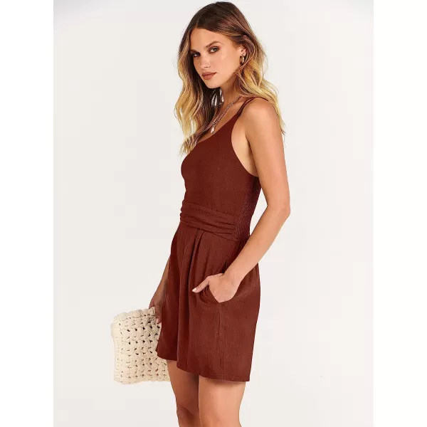 imageANRABESS Womens Summer Straps One Shoulder Pleated High Waist Casual Short Romper Jumpsuit with PocketsBrown