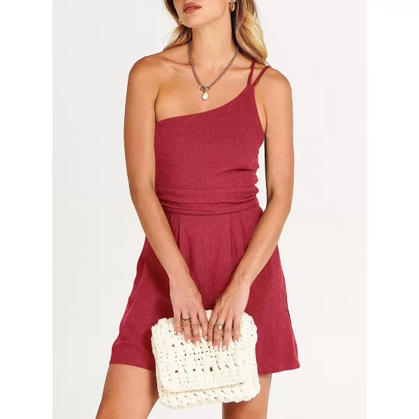 imageANRABESS Womens Summer Straps One Shoulder Pleated High Waist Casual Short Romper Jumpsuit with PocketsDark Red