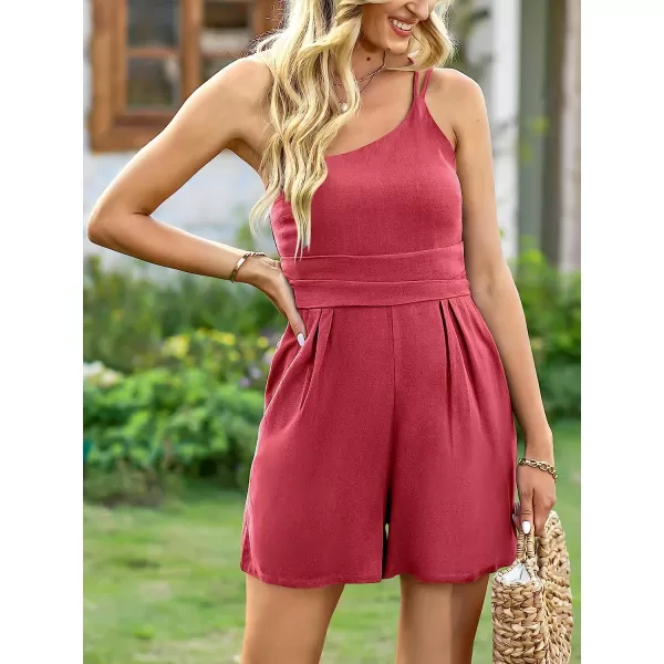 imageANRABESS Womens Summer Straps One Shoulder Pleated High Waist Casual Short Romper Jumpsuit with PocketsDark Red