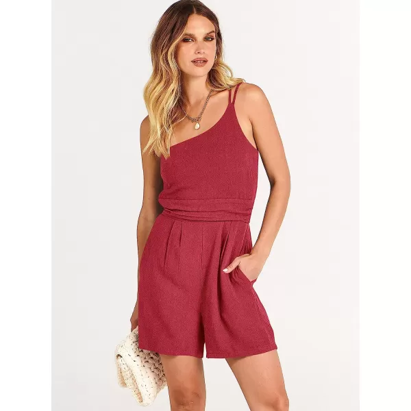 imageANRABESS Womens Summer Straps One Shoulder Pleated High Waist Casual Short Romper Jumpsuit with PocketsDark Red