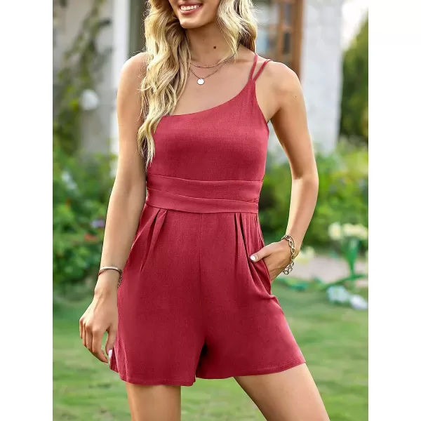imageANRABESS Womens Summer Straps One Shoulder Pleated High Waist Casual Short Romper Jumpsuit with PocketsDark Red