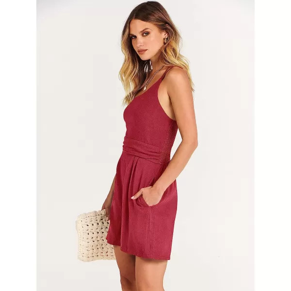 imageANRABESS Womens Summer Straps One Shoulder Pleated High Waist Casual Short Romper Jumpsuit with PocketsDark Red
