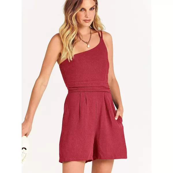 imageANRABESS Womens Summer Straps One Shoulder Pleated High Waist Casual Short Romper Jumpsuit with PocketsDark Red