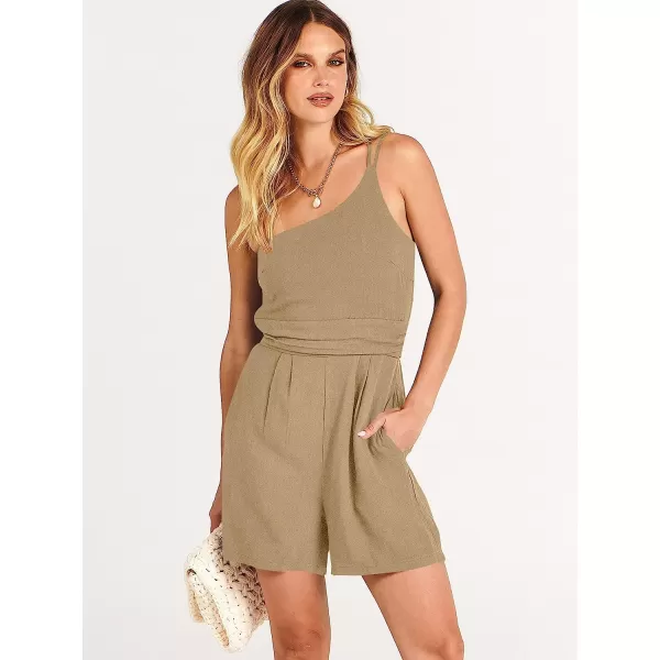 imageANRABESS Womens Summer Straps One Shoulder Pleated High Waist Casual Short Romper Jumpsuit with PocketsKhaki