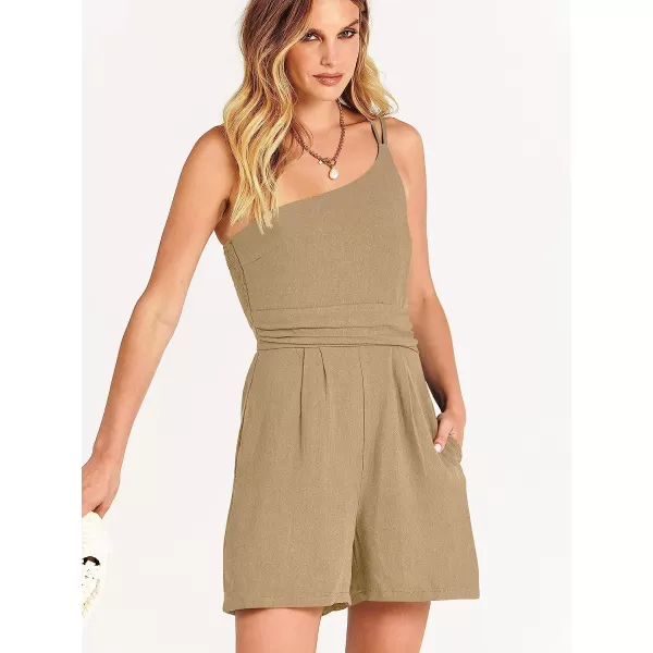 imageANRABESS Womens Summer Straps One Shoulder Pleated High Waist Casual Short Romper Jumpsuit with PocketsKhaki