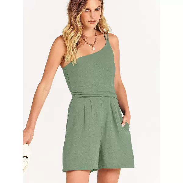 imageANRABESS Womens Summer Straps One Shoulder Pleated High Waist Casual Short Romper Jumpsuit with PocketsLight Green
