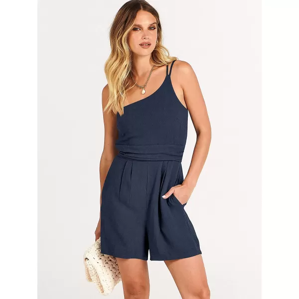 imageANRABESS Womens Summer Straps One Shoulder Pleated High Waist Casual Short Romper Jumpsuit with PocketsNavy Blue