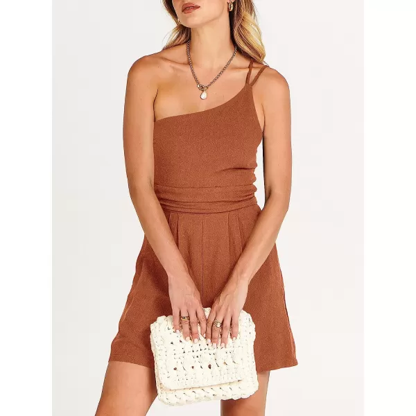 imageANRABESS Womens Summer Straps One Shoulder Pleated High Waist Casual Short Romper Jumpsuit with PocketsRust Yellow