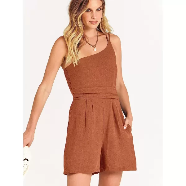 imageANRABESS Womens Summer Straps One Shoulder Pleated High Waist Casual Short Romper Jumpsuit with PocketsRust Yellow