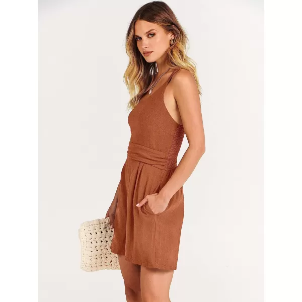 imageANRABESS Womens Summer Straps One Shoulder Pleated High Waist Casual Short Romper Jumpsuit with PocketsRust Yellow