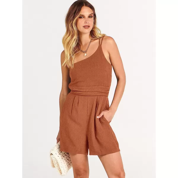 imageANRABESS Womens Summer Straps One Shoulder Pleated High Waist Casual Short Romper Jumpsuit with PocketsRust Yellow
