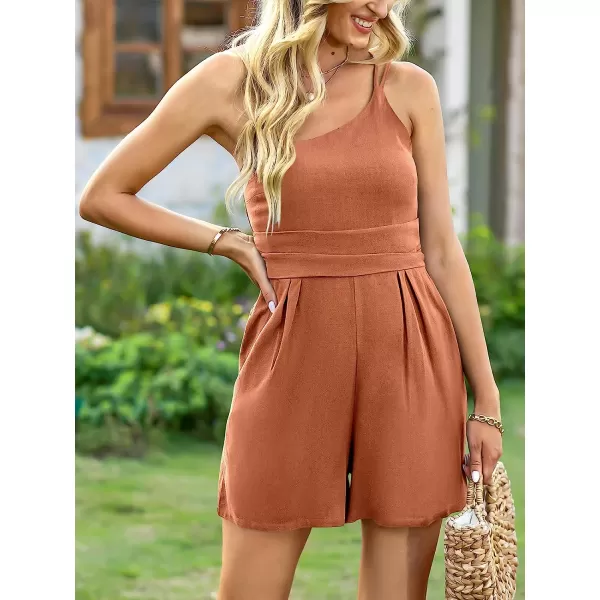 imageANRABESS Womens Summer Straps One Shoulder Pleated High Waist Casual Short Romper Jumpsuit with PocketsRust Yellow