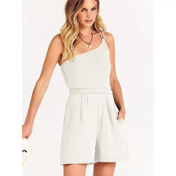 imageANRABESS Womens Summer Straps One Shoulder Pleated High Waist Casual Short Romper Jumpsuit with PocketsWhite