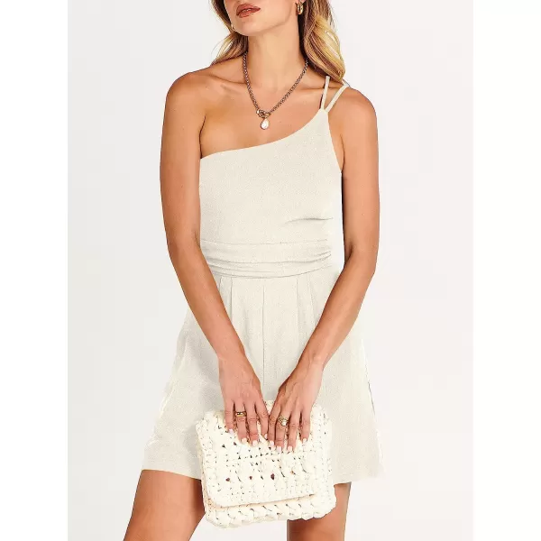 imageANRABESS Womens Summer Straps One Shoulder Pleated High Waist Casual Short Romper Jumpsuit with PocketsWhite