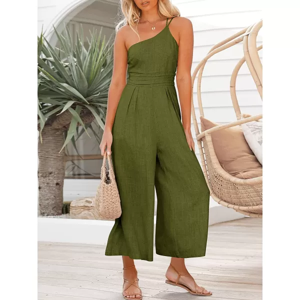 imageANRABESS Womens Summer Straps One Shoulder Pleated High Waist Casual Wide Leg Jumpsuit Romper with PocketsArmy Green