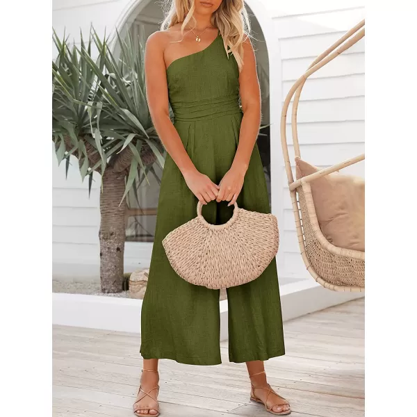 imageANRABESS Womens Summer Straps One Shoulder Pleated High Waist Casual Wide Leg Jumpsuit Romper with PocketsArmy Green