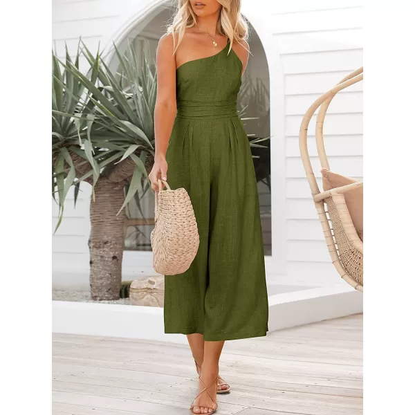 imageANRABESS Womens Summer Straps One Shoulder Pleated High Waist Casual Wide Leg Jumpsuit Romper with PocketsArmy Green