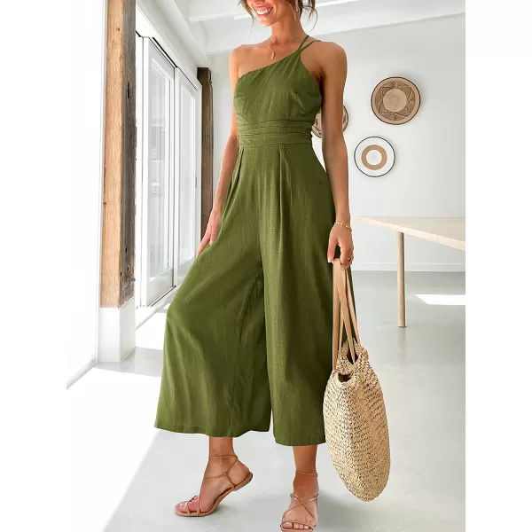 imageANRABESS Womens Summer Straps One Shoulder Pleated High Waist Casual Wide Leg Jumpsuit Romper with PocketsArmy Green