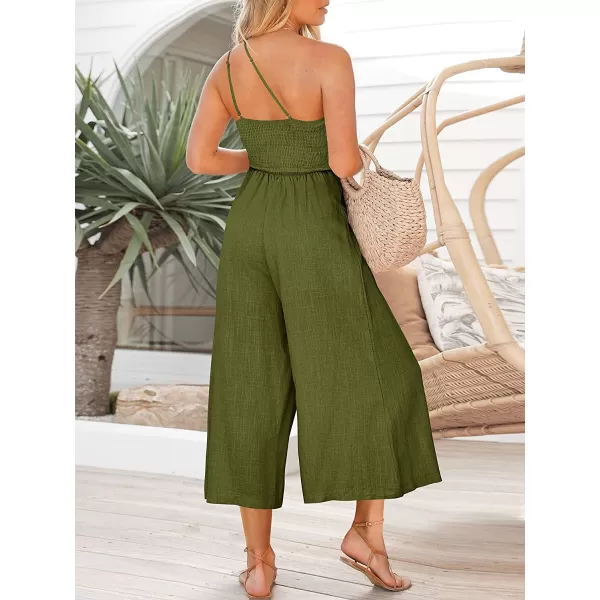 imageANRABESS Womens Summer Straps One Shoulder Pleated High Waist Casual Wide Leg Jumpsuit Romper with PocketsArmy Green