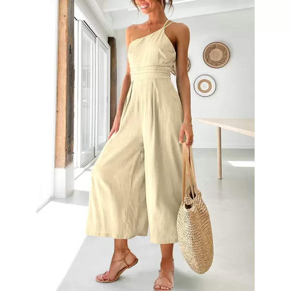imageANRABESS Womens Summer Straps One Shoulder Pleated High Waist Casual Wide Leg Jumpsuit Romper with PocketsBeige