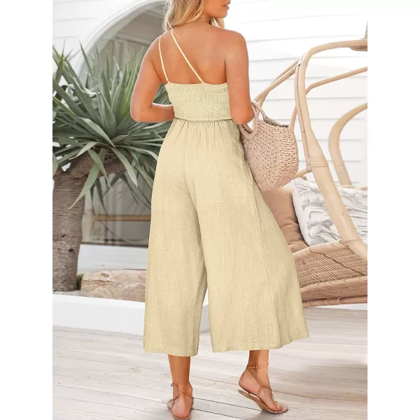 imageANRABESS Womens Summer Straps One Shoulder Pleated High Waist Casual Wide Leg Jumpsuit Romper with PocketsBeige