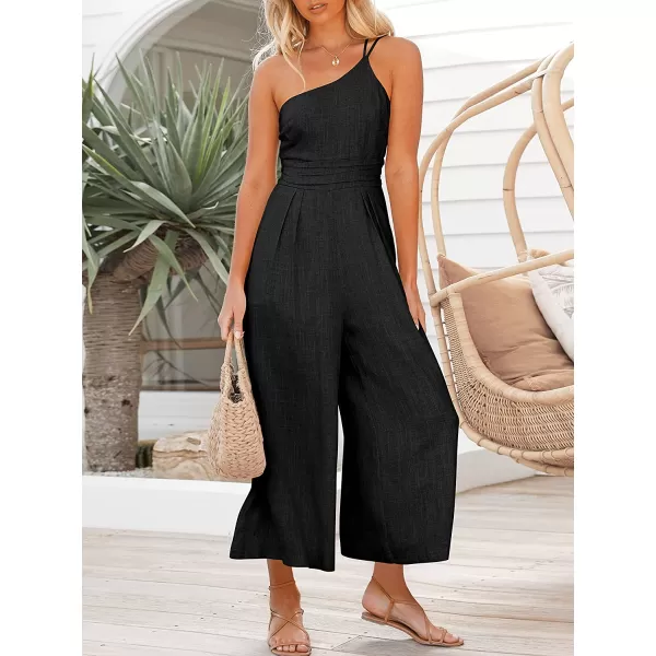 imageANRABESS Womens Summer Straps One Shoulder Pleated High Waist Casual Wide Leg Jumpsuit Romper with PocketsBlack
