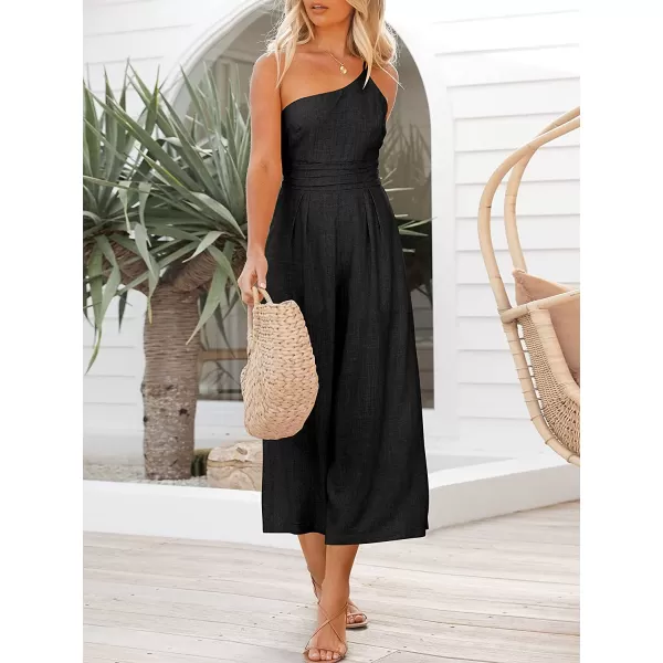 imageANRABESS Womens Summer Straps One Shoulder Pleated High Waist Casual Wide Leg Jumpsuit Romper with PocketsBlack