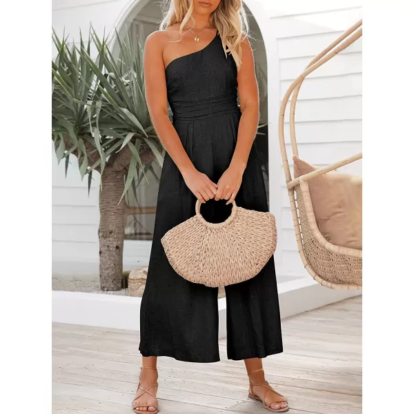 imageANRABESS Womens Summer Straps One Shoulder Pleated High Waist Casual Wide Leg Jumpsuit Romper with PocketsBlack