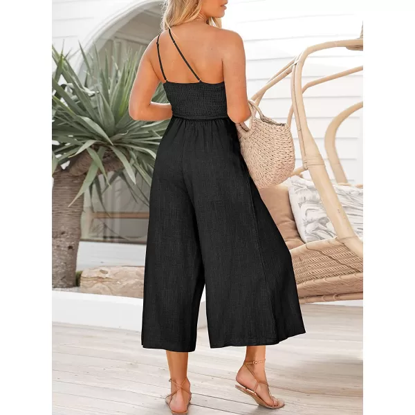 imageANRABESS Womens Summer Straps One Shoulder Pleated High Waist Casual Wide Leg Jumpsuit Romper with PocketsBlack