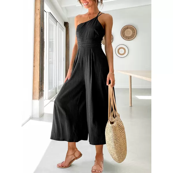 imageANRABESS Womens Summer Straps One Shoulder Pleated High Waist Casual Wide Leg Jumpsuit Romper with PocketsBlack