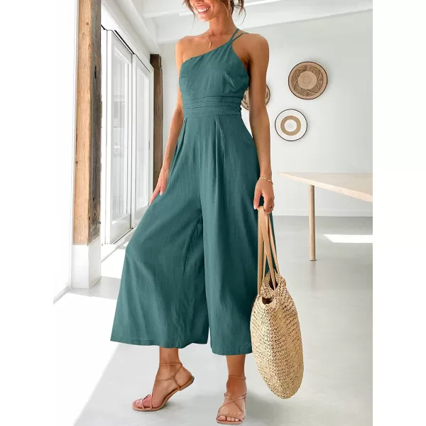 imageANRABESS Womens Summer Straps One Shoulder Pleated High Waist Casual Wide Leg Jumpsuit Romper with PocketsBlue