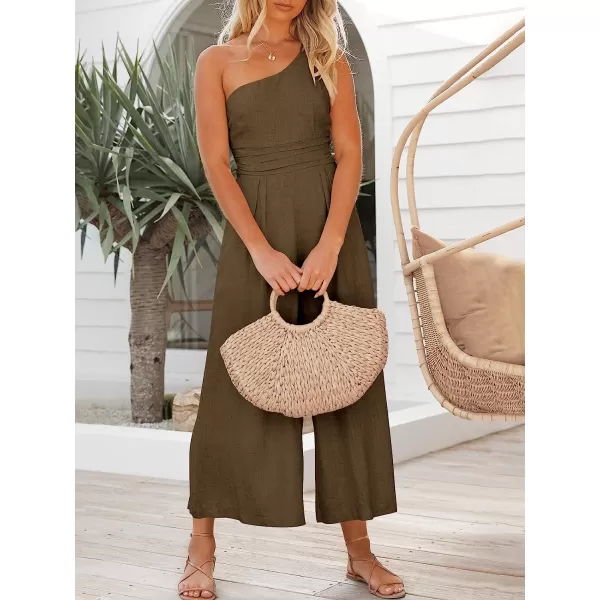 imageANRABESS Womens Summer Straps One Shoulder Pleated High Waist Casual Wide Leg Jumpsuit Romper with PocketsBrown