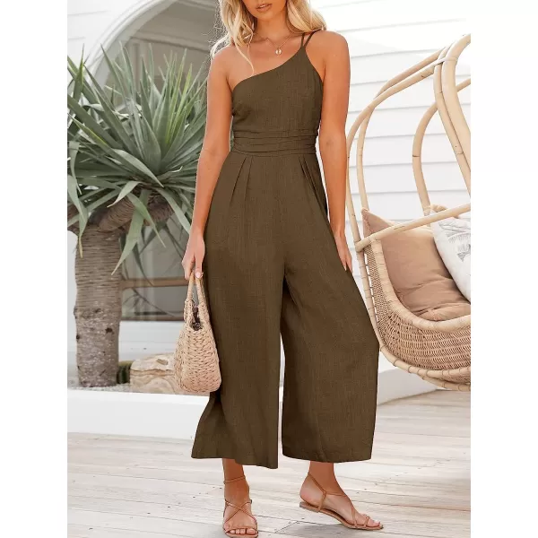 imageANRABESS Womens Summer Straps One Shoulder Pleated High Waist Casual Wide Leg Jumpsuit Romper with PocketsBrown