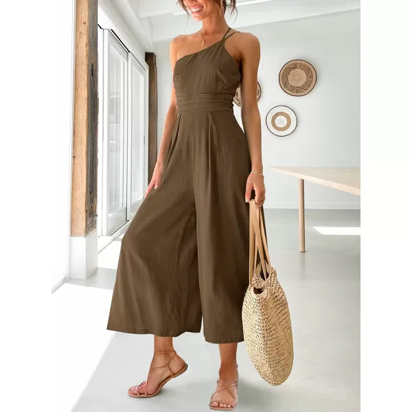 imageANRABESS Womens Summer Straps One Shoulder Pleated High Waist Casual Wide Leg Jumpsuit Romper with PocketsBrown