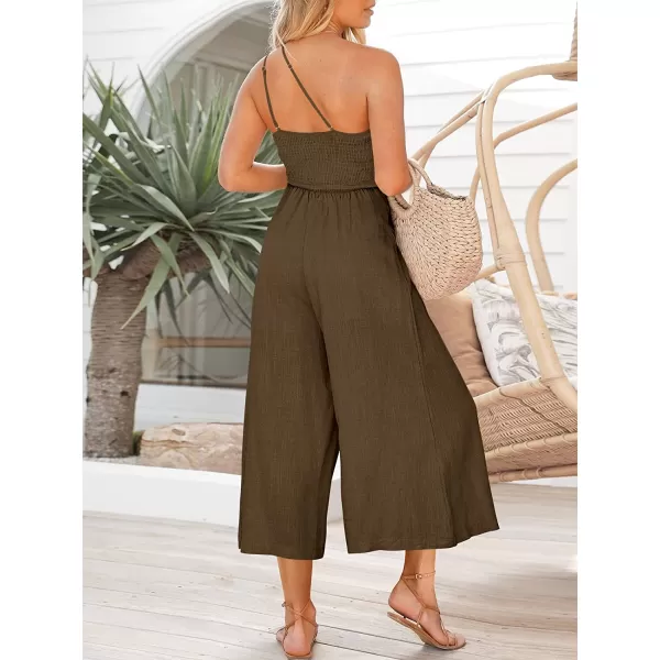 imageANRABESS Womens Summer Straps One Shoulder Pleated High Waist Casual Wide Leg Jumpsuit Romper with PocketsBrown