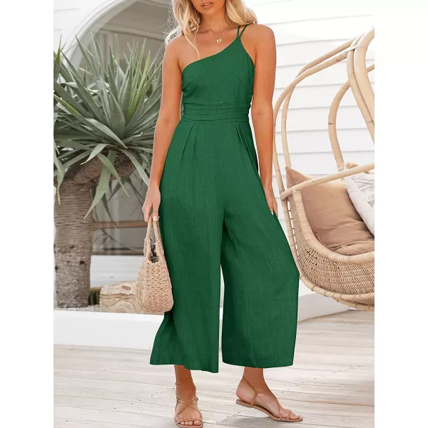 imageANRABESS Womens Summer Straps One Shoulder Pleated High Waist Casual Wide Leg Jumpsuit Romper with PocketsForest
