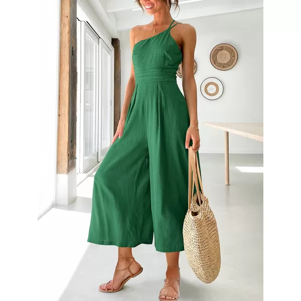 imageANRABESS Womens Summer Straps One Shoulder Pleated High Waist Casual Wide Leg Jumpsuit Romper with PocketsForest