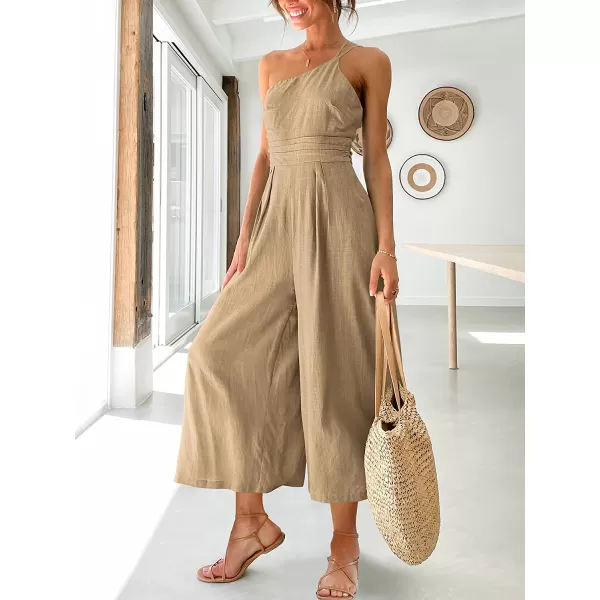 imageANRABESS Womens Summer Straps One Shoulder Pleated High Waist Casual Wide Leg Jumpsuit Romper with PocketsKahki